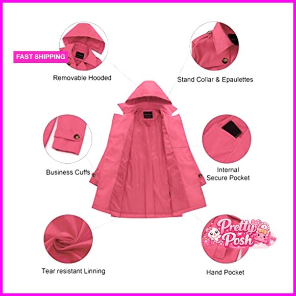 Polyester Trench Coat with Detachable Hood, Double-Breasted, Waterproof - Picture 5 of 6